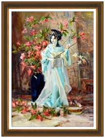 John Encinias Original Female Portrait Floral Oil Painting Signed Framed Canvas