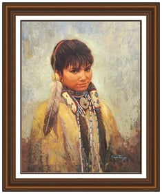 Karen Thayer Original Native American Portrait Oil Painting Signed Framed Canvas