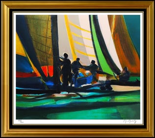 Marcel Mouly Original Sailboat Harbor Color Lithograph Hand-Signed Framed Art