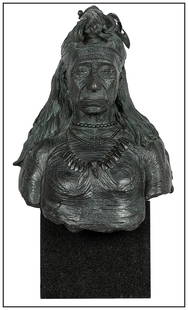 Machado Original Native American Female Bust Bronze Sculpture Signed Full-Round: This lot includes:Gallery COA & free domestic shipping (*insurance and international shipping for an additional charge)Artist: MachadoTitle: Queen of the TribeMedium: BronzeSize: 32" x 18" Signed: In