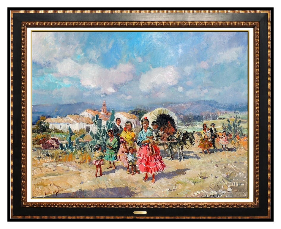 Ignacio Gil Y Sala Large Original Landscape Oil Painting Signed Framed on Canvas: This lot includes:Gallery COA & free domestic shipping (*insurance and international shipping for an additional charge)Artist: Ignacio Gil y SalaTitle: CaravanMedium: Oil Painting on CanvasSize: 28" x