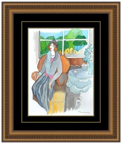 Itzchak Tarkay Original Lady Figure Watercolor Painting Signed Framed Cafe Art