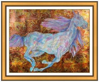 Guillaume Azoulay Large Original Horse Mixed Media Painting Signed Framed Art