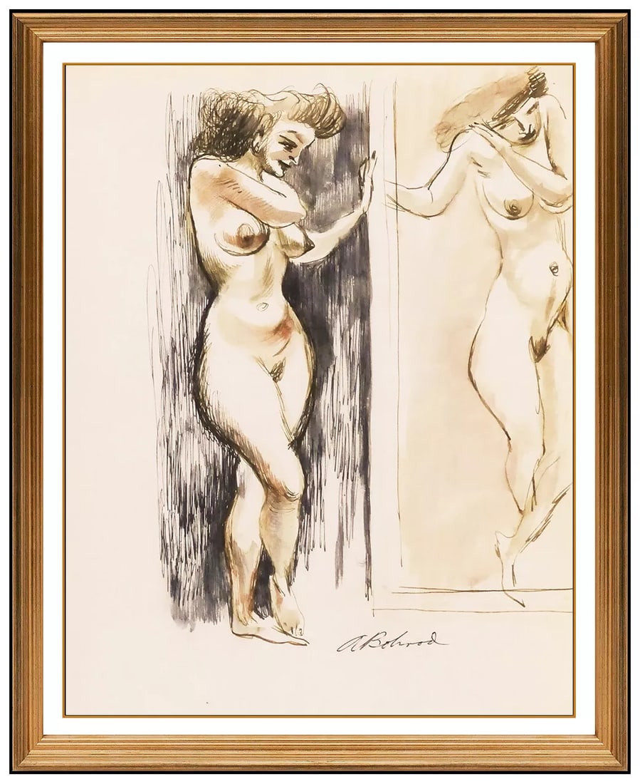Aaron Bohrod Original Female Figurative Painting Signed Framed Artwork: This lot includes:Gallery COA & free domestic shipping (*insurance and international shipping for an additional charge)Artist: Aaron BohrodTitle: ReflectionMedium: WatercolorSize: 10.5" x 8.5"Framed: