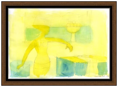 Mario Carreno Original Modern Figurative Watercolor Painting Signed Framed Art