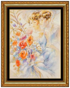 Peter Nixon Original Female Portrait Floral Acrylic Painting Signed Framed Canvas