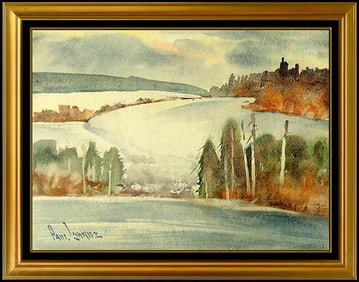 Paul Laurtiz Original Winter Landscape Watercolor Painting Signed Framed Art