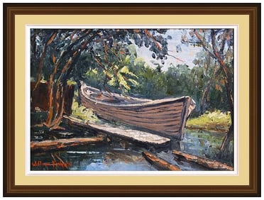William Fisher Original Boat Landscape Oil Painting Signed Framed Canvas Board