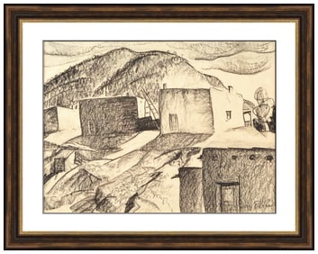 Lucy Pierce Original Taos Western Landscape Conte Crayon Drawing Signed Framed