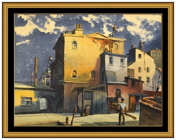 John B Lear Original Figurative Cityscape Gouache Painting Signed Framed Art
