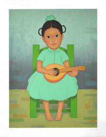 Gustavo Montoya Mandolina Large Original Signed Mexican Children Silkscreen Framed Art