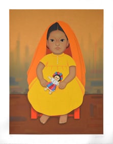 Gustavo Montoya Niña Con Muñeca Large Original Signed Mexican Children Silkscreen Framed