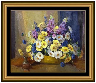Nell Walker Warner Original Still Life Flowers Oil Painting Signed Framed Canvas