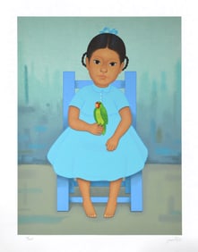 Gustavo Montoya Niña Con Perico Large Original Signed Mexican Children Silkscreen Framed