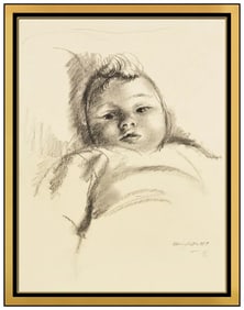 Clara Klinghoffer Original Child Portrait Charcoal Drawing Signed Framed Art