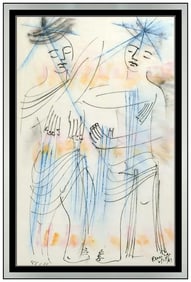 Irene Rice Pereira Large Original Figurative Gouache Painting Signed Framed Art