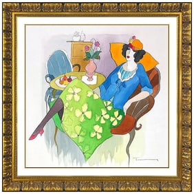 Itzchak Tarkay Original Female Portrait Cafe Watercolor Painting Signed Art