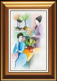 Itzchak Tarkay Large Original Female Portrait Cafe Watercolor Painting Signed Art