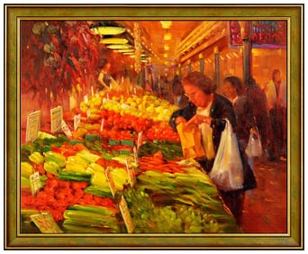 Po Pin Lin Original Street Scene Cityscape Oil Painting Signed Framed Canvas