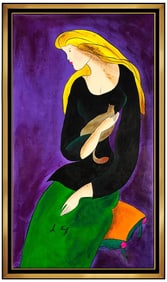Linda Le Kinff Large Original Female Portrait Cat Oil Painting Signed Framed Canvas