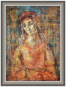 Edna Hibel Original Female Portrait Oil Painting Signed Framed Board