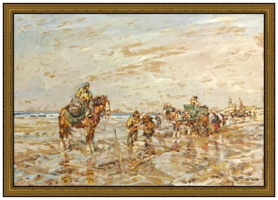 Julius Seyler Large Original Beach Landscape Oil Painting Signed Framed Board