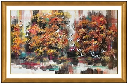 Yongqun Guo Large Original Bird Landscape Gouache Painting Signed Framed Art