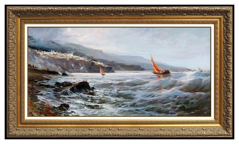 Claudio Simonetti Original Italy Seascape Sailboat Oil Painting Signed Framed Canvas