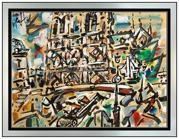 Gen Paul Original Abstract Paris Cityscape Gouache Painting Signed Framed Art