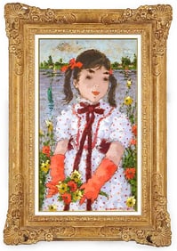 Suzanne Eisendieck Original Girl Portrait Flower Oil Painting Signed Framed Canvas
