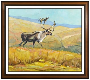 Keith C Smith Original Wildlife Caribou Oil Painting Signed Framed Canvas