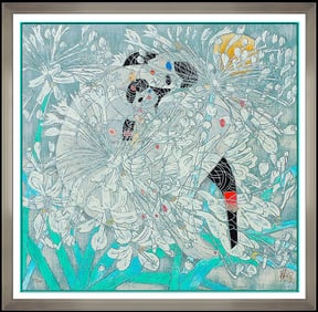 Jiang Tie Feng Little White Flowers Original Color Serigraph Signed Female Framed