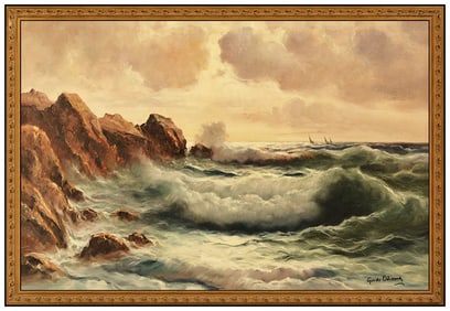Guido Odierna Large Original Ocean Shore Waves Oil Painting Signed Framed Canvas