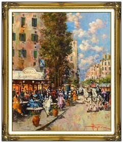 Antonio Gravina Original Italy Cityscape Cafe Oil Painting Signed Framed Canvas