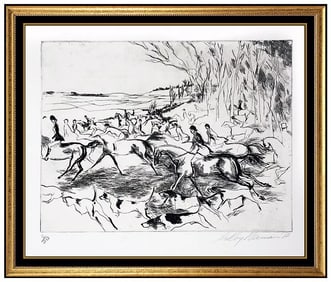 Leroy Neiman Into The Open Original Hand-Signed Etching Fox Hunt Sports Framed Art