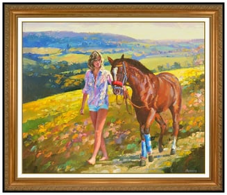 Howard Behrens Large Original Horse Female Landscape Oil Painting Signed Framed Canvas