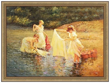 Jean Louis Lefort Original Women Children Oil Painting Signed Framed Board