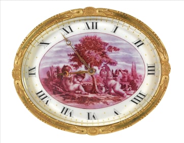 Marc Plojoux Late 1800s Swiss Gilt-Brass Oval Desk Clock with Painted Landscape
