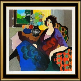 Itzchak Tarkay Original Woman Lady Cafe Portrait Embossed Color Serigraph Signed Art