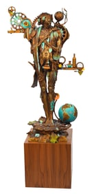 Nano Lopez Man Dot Earth Large Original Signed Full-Round Bronze Sculpture on Wood