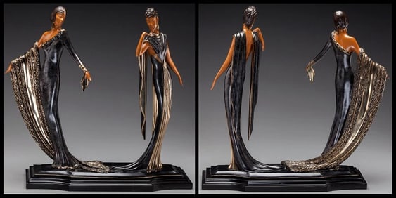 Erte Duetto Original Signed Bronze Sculpture Art Deco Female Dance Large Antique