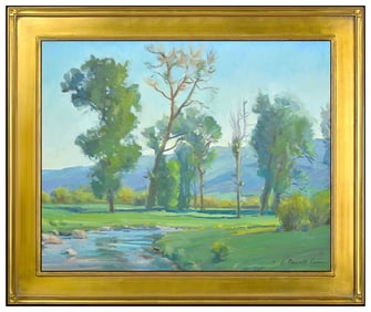 G Russell Case Original Landscape Water Tree Oil Painting Signed Framed Canvas
