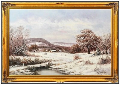 William Robert Thrasher Original Winter Landscape Oil Painting Signed Framed Canvas