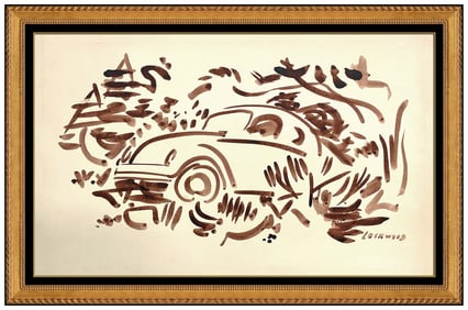 Ward Lockwood Original Volkswagen Beetle Automobile Drawing Signed Framed Art