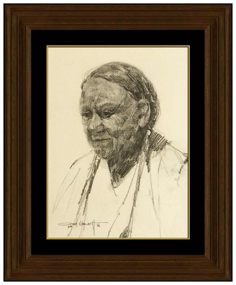 Gary Niblett Original Native American Portrait Charcoal Drawing Signed Framed Art: This lot includes:Gallery COA & free domestic shipping (*insurance and international shipping for an additional charge)Artist: Gary Niblett Title: Thinking Back Medium: Charcoal Drawing Size: 13&rdquo