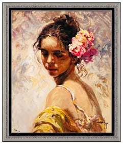 Jose Royo La Perla Original Hand-Signed Color Serigraph Female Portrait Framed Art