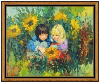 Louis Van Der Beesen Large Original Floral Landscape Oil Painting Signed Framed Canvas
