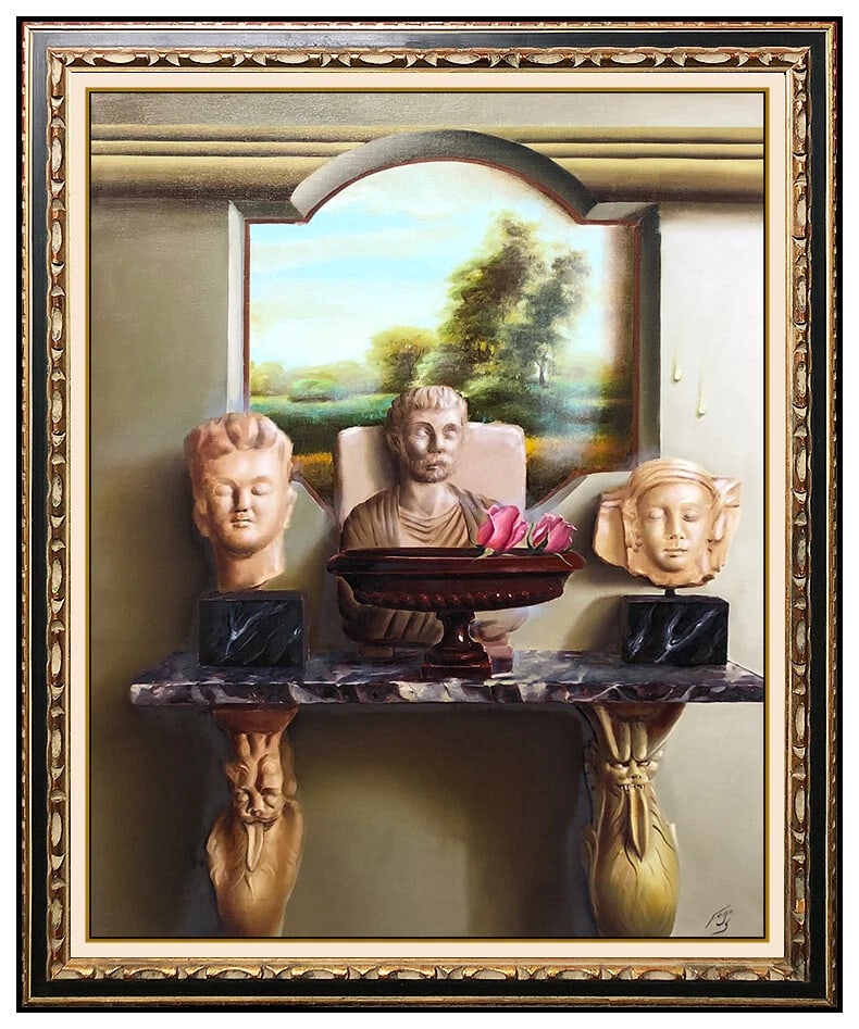 Ferjo Original Surreal Interior Large Modern Oil Painting Signed Framed Canvas: This lot includes:Gallery COA & free domestic shipping (*insurance and international shipping for an additional charge)Artist: Fernando FerjoTitle: Heads on the Mantel Medium: Heads on the MantelSize: