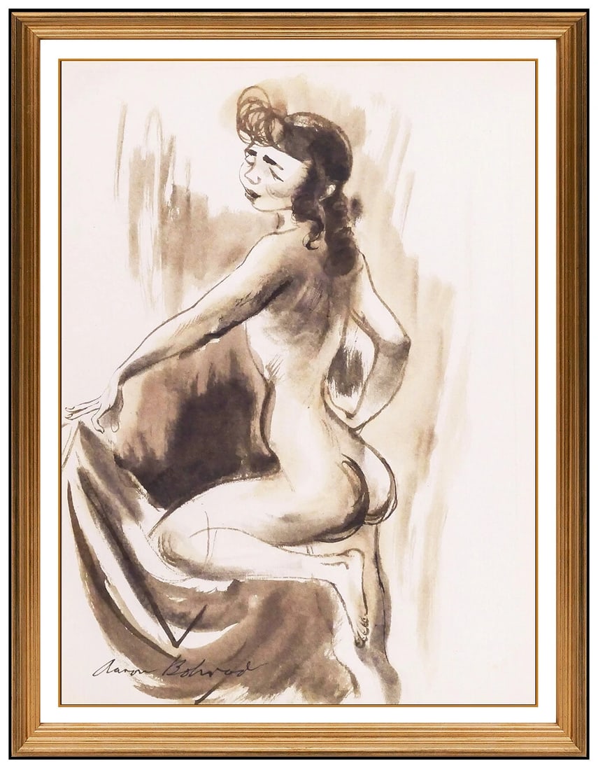 Aaron Bohrod Original Female Nude Modern Watercolor Illustration Signed Framed: This lot includes:Gallery COA & free domestic shipping (*insurance and international shipping for an additional charge)Artist: Aaron BohrodTitle: SplendorMedium: Watercolor PaintingSize: 11" x 8"Frame