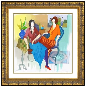 Itzchak Tarkay Secret Admirer Original Hand-Signed Color Serigraph Lady Cafe Art